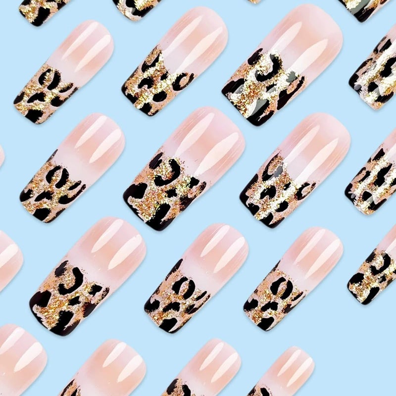 juggssa Long Coffin Press on Nails French Fake Nails Glossy Acrylic Press On Nails with Glitter Leopard Print Designs French Style Gradient Acrylic Full Cover Glue on Nails Long False Nails for Women 24PCS - Image 3